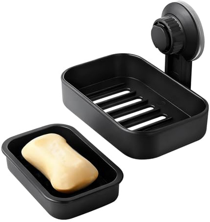 Soap Dish for Bathroom Suction Cup Soap Holder Max Hold 5KG, Black | Wall Mounted Soaps Case with Drainage Plastic Soap Bar Box Removable Draining Soaps Dishes No Drill for Bathtub Kitchen Sink