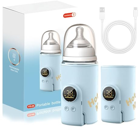 Scaldabiberon per Bambini, Scaldabiberon Portatile, Per Viaggi con Display LCD Ricarica USB Scaldabiberon 6 Temperature Regolabili 38-50℃ Scaldabiberon per Latte Materno Borsa per Viaggi e Casa (Blu)