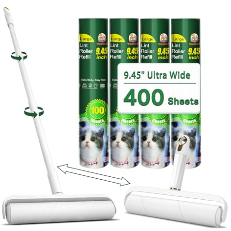 Große Fusselroller für Tierhaare, extra stark klebend, 400 Blatt Roller-Nachfüllpackungen mit langem Griff, 24 cm Langer Riesen-Fusselroller für Böden, Möbel und Tierhalter (Weiß)