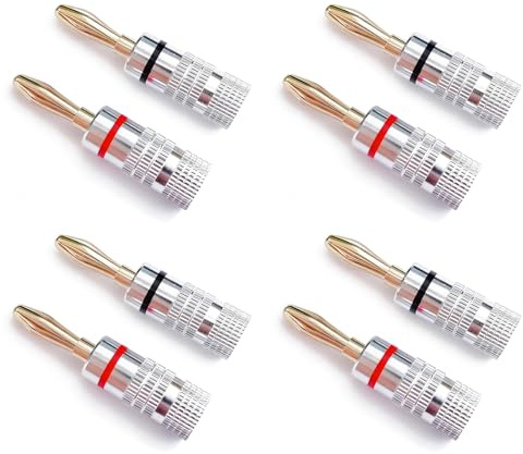 8Pcs 4mm Banana Plugs for Speaker Wire, 24K Gold Plated Speaker Adapter Connectors, Audio Jack Connector for AV Amps, Receivers, Home Theater & HiFi Systems, Easy Install for High Fidelity Sound