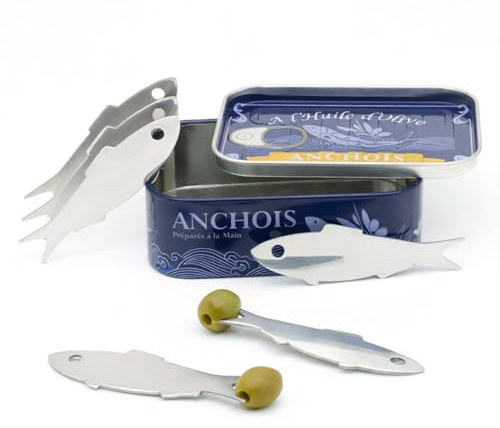 CKB LTD Anchovy Snack Fork Set in Tin – Set of 6 Stainless Steel Anchovies Fish Forks for Tapas, Olives, Escargot – Retro Anchois Tin Gift – Cocktail Picks for Seafood, Appetisers Party Serving