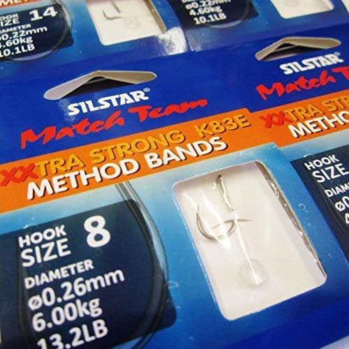 SILSTAR Match Team 24 (4 packs of 6) K83E - Wide Gape XTRA STRONG (Method Power Band Rigs) Barbless Hair Rig Fishing Hooks - Available in size 8, 10, 12 and 14 (4 packs - Size 14 to 0.22mm of 10.1lb)