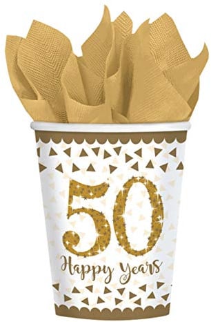 (PKT) Adult 8 Pack Sparkling Golden 50th Anniversary Paper Cups 266ml