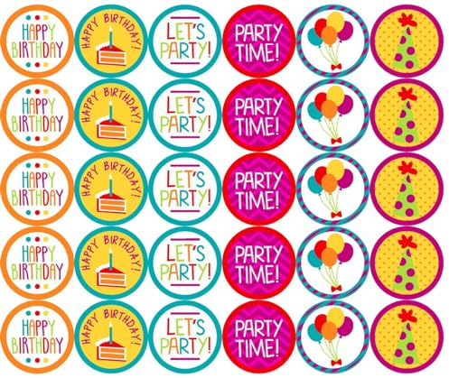 30 x Pre Cut Party Time Birthday Cake, Cupcake Toppers/Decorations Edible Premium Wafer Paper