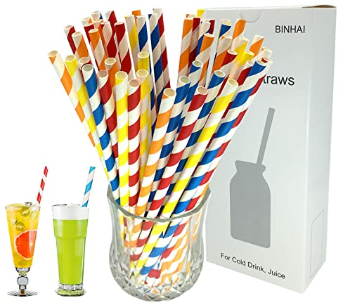 BINHAI Paper Straws 100 Pack with Recycled Packaging Biodegradable Bulk Drinking Straws Decorations for Everyday, Party, Wedding, Celebration, DIY, Multi-Color