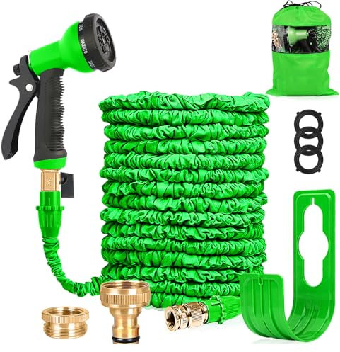HOMOZE Hose Pipe Expandable Garden Hose Pipe 100FT Expanding Flexible Hosepipe with Brass Fittings/Quick Connector/8 Function Spray Gun/Garden Hose Storage Bag (100FT, Green