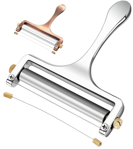 TOPULORS Wire Cheese Slicer Stainless Steel Handheld Cheese Cutter for Mozzarella, Cheddar, Gruyere - with 1 Extra Wire - Adjustable Thickness Cheese Shaver Cheese Slicers for Block Cheese (Silver)