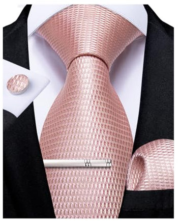 DiBanGu Mens Pink Tie Set Solid Blush Pink Necktie and Pocket Square Cufflinks Tie Clip for Wedding Tie