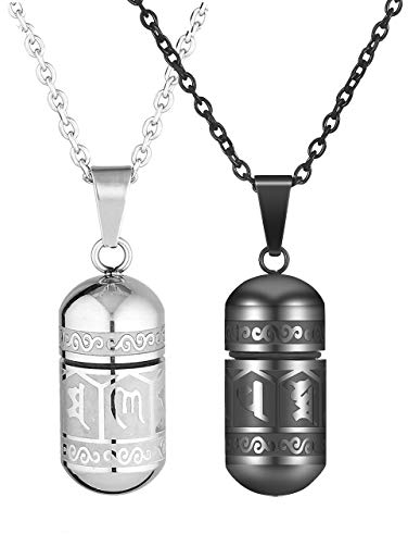 Zysta Edelstahl Pärchen Anhänger Asche Schmuck- Memorial Urnen Anhänger Patrone Kette Kapsel Pendant Paar Halskette Gravur mit Om Mani Padme Hum für Geschenk (Silber+Schwarz)