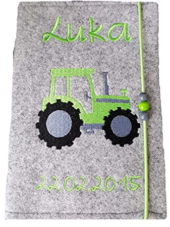 Traktor U-Hefthülle mit Namen und Geburtsdatum Jungen grau/grün