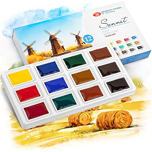 Sonnet Aquarellfarben Set | 12 Aquarell Farbkasten für die Außenmalerei |Made by Nevskaya Palitra