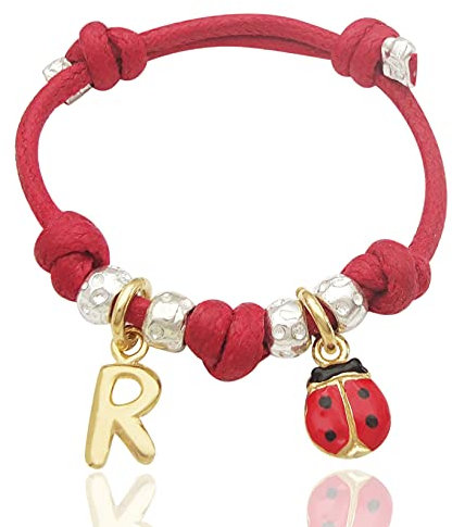 bracciale cordino rosso, granelli e ciondoli coccinella e lettera iniziale nome in argento 925. Regalo per bambino bambina (da 4 anni in sù)