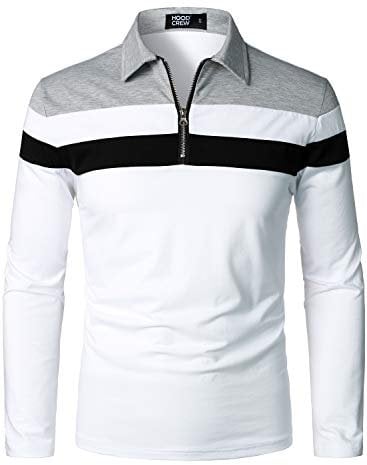 HOOD CREW Mens Casual Long Sleeve Polo Shirts Contrast Color Patchwork Cotton Tee Tops White