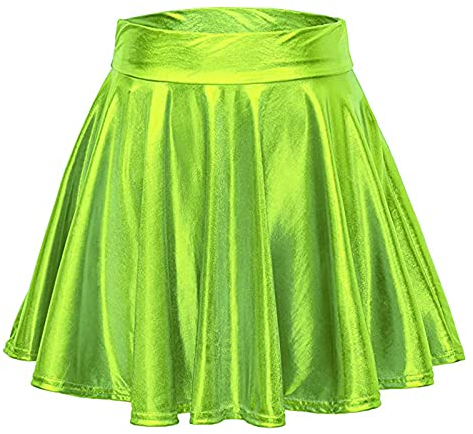 ROYIYI Damen Faltenrock Stretch Skater Rock Hohe Taille Kurz Metallischer Mini Glocken Glitzer Leder Daock Karneval Faschingskostüme Tanzkleider Alien Kostüm (A-Grün, M)