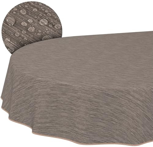 Tischdecke abwaschbar Wachstuch Wachstuchtischdecke Gartentischdecke Leinen-Optik Pflegeleicht Wasserabweisend 240 x 140 cm (Oval) Braun mit Saum
