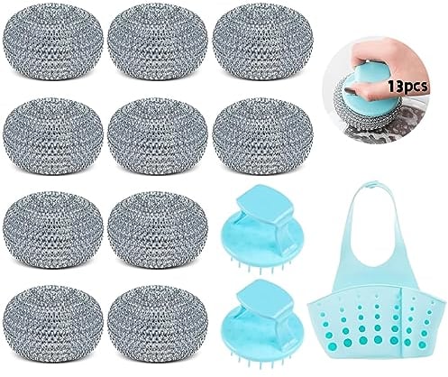 10Pcs Metal Steel Wool Scouring Pad With handle,Jicyor With Drain Basket Stainless Sponge Cleaner Kitchen Stovetops Plates Dishes Glasses Bathroom Sink Basin Heavy Duty Cleaning Supplies Scrubbers