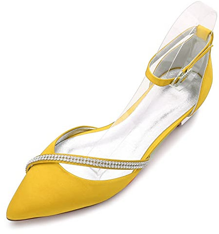 HYMYSUNY Satin Bridal Wedding Shoes Women's Pointed Toe Ankle Strap Pumps with Rhinestone Party Prom Flat Ballet,Yellow,6 UK