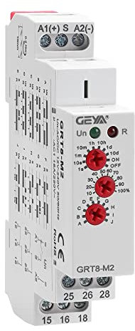 GEYA Relé de tiempo multifunción 16A 10 opciones de función AC/DC12V-240V 2Contactos Relé de control (GRT8-M2,AC/DC12V-240V)