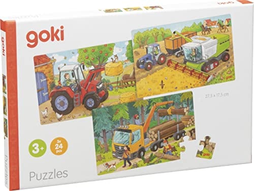 goki 57380 - Puzzles Fahrzeuge aus Holz - 3 Verschiedene Motive mit Fahrzeugen vom Bauernhof und aus dem Wald