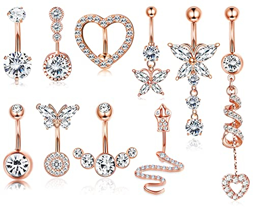 Kakonia 14G Anelli per ombelico Cuore Serpente Farfalla CZ Anelli per ombelico Anelli per ombelico pendenti per le donne Confezione da piercing per ombelico placcato oro rosa carino