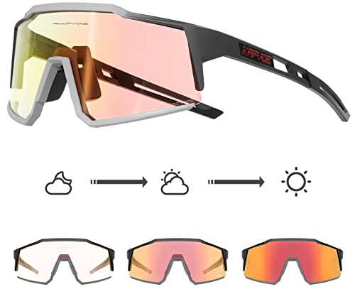 KAPVOE Photochromatische Selbsttönend Fahrradbrille TR90 Rahmen für Herren Damen Klar Sportsonnenbrille Sport Radfahren MTB Radbrille Sportbrille Fahren Baseball Laufen Rot Schwarz 08
