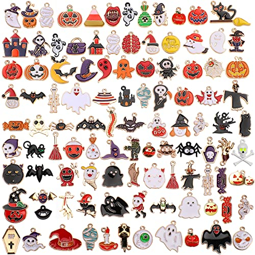 SANNIX 110 Stück Halloween Charms Gold Emaille Schmuckherstellung Charms für Halloween Armband Halskette Herstellung und Dekoration