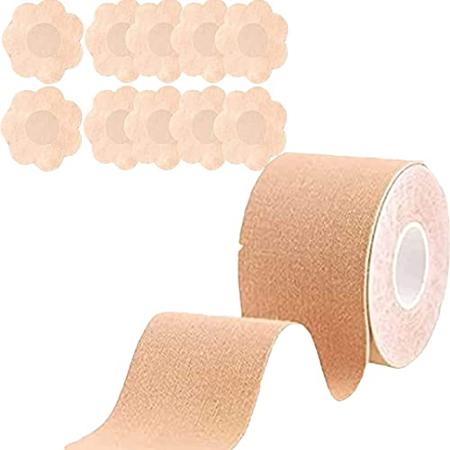 OUOQI Klebeband Brust Tape,Bruststraffungsband,Damen BH Klebend,Unsichtbarer Busen Tape,Body Lift Tape Selbstklebendes Brust Tape,Brüste Tape mit 5 Paare Nipple Cover für Brautkleider Kleid A-H Cup
