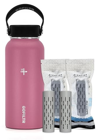 GOFILTR Botella de agua alcalina de 32 onzas + 2 infusores de agua alcalina de 9.5 pH/botella de agua aislada que crea agua alcalina/jarra de agua deportiva, color: frambuesa