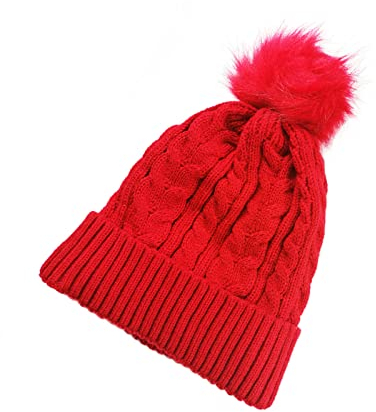AUFIKR Knit Slouchy Beanie für Frauen Doppellagige Fleece-Linie Hut mit Bommel-Pom-Mützen (rot)