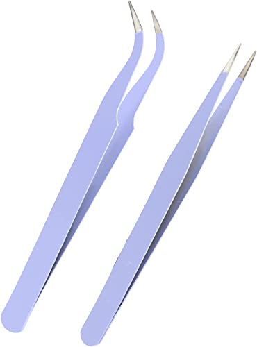 Lot de 2 pinces à épiler droites et incurvées pour extensions de cils – Pince à épiler de précision en acier inoxydable (violet)