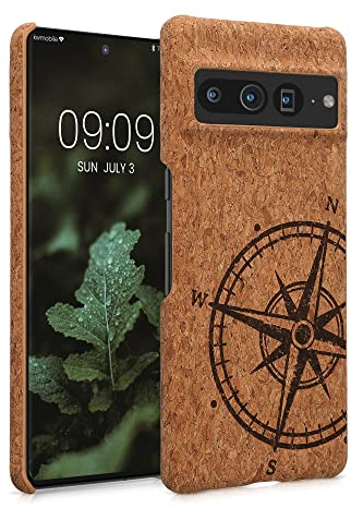 kwmobile Hülle kompatibel mit Google Pixel 7 Pro - Kork Handyhülle - Handy Case Cover Schutzhülle Kompass Vintage Dunkelbraun Hellbraun