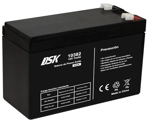 DSK 10382 - Batería de Plomo AGM Recargable y Sellada VRLA de 12V y 7Ah. Batería Ideal para Coches y Motos Eléctricos para Niños, Sistemas SAI/UPS, Sistemas de Seguridad y Alarmas