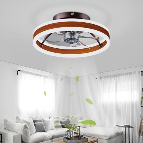 OMGPFR Reversible Plafonnier Ventilateur Silencieux Telecommande 6 Vitesses Chambre Ventilateur de Plafond avec Lumiere Moderne Salon 24W Dimmable LED Ventilateur de Plafond, Marron 40CM
