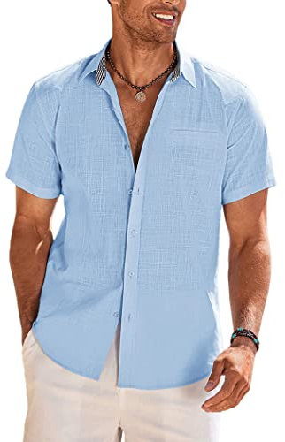 COOFANDY Chemise à Manches Courtes Chemise d'été en Lin en Coton pour Homme Col à Carreaux Chemise d'été Unie Chemise à Manches Courtes pour Homme Bleu Clair XXL