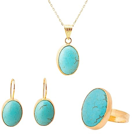 Türkis-Schmuck-Set, Türkis-Frau-Schmuck-Set. Oval Türkis Schmuck Set. Vergoldete Silber Türkis Ohrring & Ring & Halskette.925 Sterling Silber Türkis Ohrring Ohrring & Ring & Halskette.