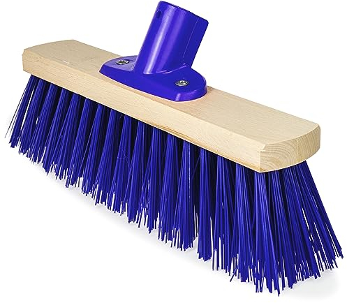 12 Wooden Broom Head – Stiff Blue Bristles Heavy Duty Sweeping Brush with Handle Bracket for Garden & Outdoor Cleaning