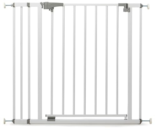Geuther Türschutzgitter Yanis, 107-115,5 cm Weiß I Treppenschutzgitter ohne Bohren in Metall I Stabiles Babygitter I Sicheres Kinderschutzgitter, Hundegitter Wohnung & Treppengitter zum Klemmen