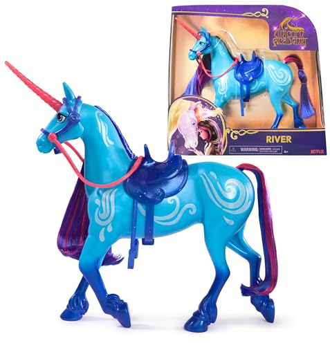 Unicorn Academy Einhorn River - ca. 28 cm großes Einhorn von Isabel zur beliebten Netflix-Serie, mit beweglichem Kopf, abnehmbarem Zaumzeug und Sattel für realistisches Rollenspiel, ab 4 Jahren