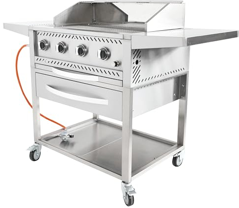 METRO Professional Gasgrill mit Plancha 4-Brenner, Edelstahl,17.2 kW, fahrbar mit Bremsen, Leistungsstark, langlebig, silber
