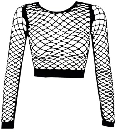 Women Sexy Mesh Fishnet Crop Top See-Through Hollow Out Fishnet Crop Tops Long Sleeve Sheer Net T-Shirt Sexy Mesh Tee Top Vintage Aesthetic Pullover Streetwear for Party Beach Gym Fancy Dress