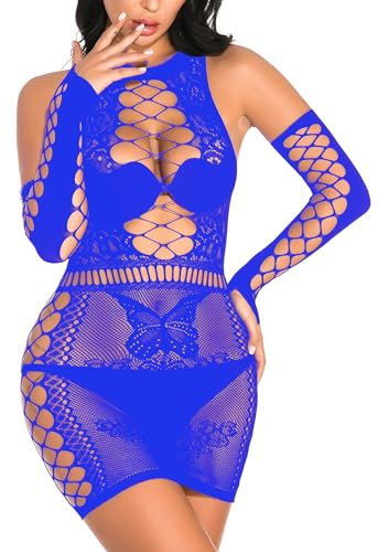 Mingnos Damen Fischnetz Dessous Sexy Netz Hohl Out Teddy Nachtwäsche Durchsichtig Mini Spitze Babydoll Kleid mit Handschuhen One Size Blau