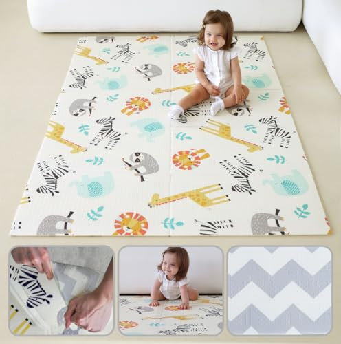 MIKMEL Krabbelmatte Baby Kompakt – Faltbare Spielmatte aus XPE-Schaumstoff, Wasserdicht & Doppelseitig – Krabbeldecke für Kinderzimmer mit Tier/Zickzack Design – 180x120x0.8 cm