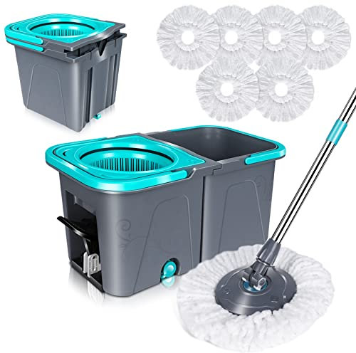 MASTERTOP Balai à Franges et Seau Essoreur à Pédale, Seau Empilable de 2 Bacs à l'eau Sale Séparée, Serpillière Rotative 360° avec Manche Téléscopique et 6 Tampons Microfibre