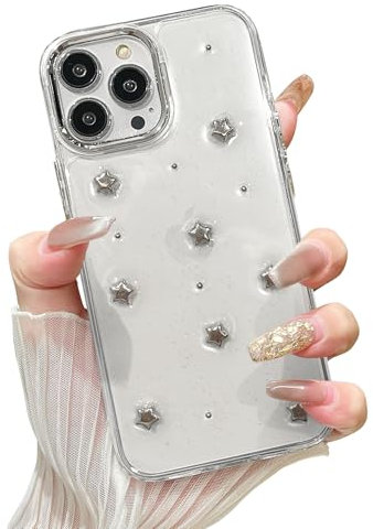 EYZUTAK Case for iPhone 13 Pro Max, Bling Glitter 3D Stars Phone Case Cute Sparkly Crystal Clear Star Aesthetic Design Case Slim Soft Durable TPU Transparent Protective Cover for Women Girls - Star