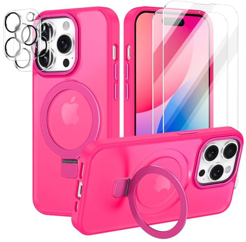 Petocase for iPhone 13 Pro Max Case,with Magnetic Invisible Stand [Military Drop Protection] [Compatible with MagSafe] Shockproof Slim Translucent Anti-Slip with 2 Screen Protector,Hot Pink