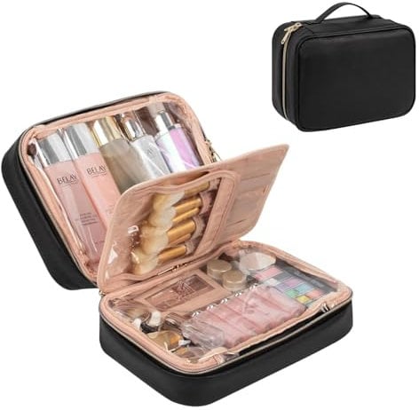 Makeup Travel Bag Large Capacity Waterproof Cosmetic Organizer Bag with Makeup Brush Compartment & Handle for Women Girls Travel Toiletry Accessories, Black