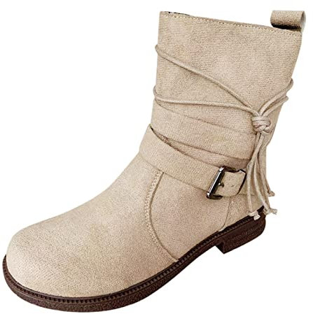 Stivali da donna con fibbia e laccetti laterali in finta pelle scamosciata, casual, scarpe da donna, stivali corti da donna con tacco basso e stivali, Beige, 38 EU