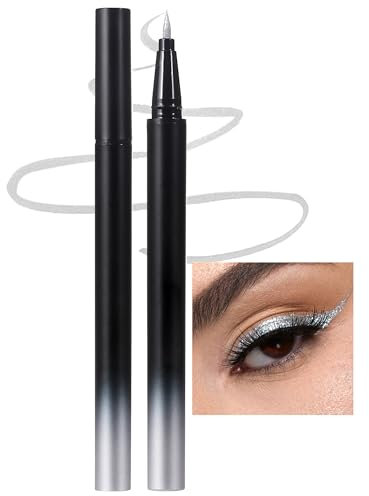 Erinde Silver Liquid Glitter Eyeliner, Flüssiger Glitzer Eyeliner Pen, Metallic Pearlescent Eye Liner Pencil, Shimmer Augen Makeup Wasserfest, Langlebiger Sparkling Lidschattenstift #Silber