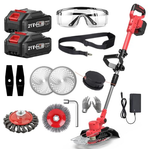 Rasentrimmer mit Akku und Unkrautbürste, 21V Akku Freischneider 2 Akku 4.0Ah, 24CM Schnittbreite Akku Rasentrimmer mit Akku Brushless Freischneider, Elektro Motorsense, für Garden Trimmen