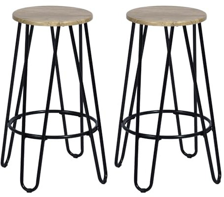 Industrielle Barhocker, 2er-Set, mit Fußstütze, weiße Eiche, runde Barstühle für Küche, Esszimmer, 30 x 30 x 63 cm, perfekt für Küche, Party